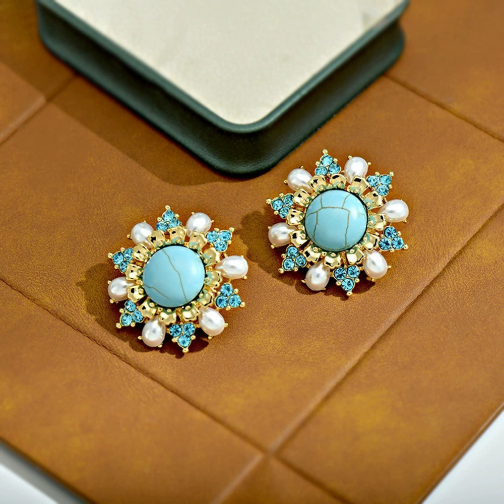 vintage Natural Amethyst Turquoise Stud Earrings Purple Flower Design